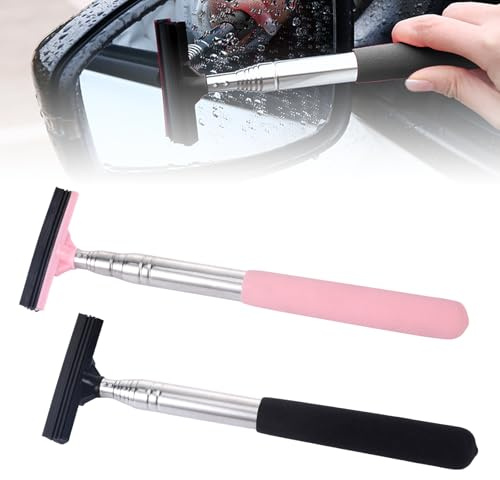 2 Stück ​Scheibenabzieher Set, ​Teleskop Fensterwischer Auto, ​Fensterabzieher Auto, ​Abzieher Fenster mit Edelstahl & Gummilippe, 12cm/98cm für Spiegelglas Duschtür (Schwarz+Rosa)