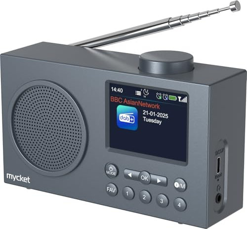 Mycket Portatile DAB/DAB+ Radio, FM Digital Radios con 2025 Tecnologia del Ricevitore Signal più Recente, Radio Ricaricabile con Bluetooth 5.0,Doppia Sveglia, 40 Preimpostazione, 2,4 Colori Display