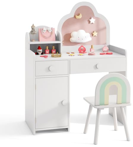 COSTWAY Set Toeletta Trucco per Bambina con Sedia, Tavolo Trucco Specchio a Nuvola Staccabile, Postazione Trucco con Ante e 2 Cassetti, per Bambine 3-7 Anni, Bianco