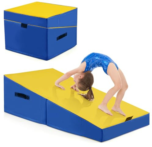 COSTWAY Materassino Ginnastica, Tappetino da Ginnastica Pieghevole con Schiuma EPE e Pelle PVC Antiscivolo e Maniglia, Tappetino da Esercizio a Forma di Cuneo per Casa e Palestra (Giallo e blu)
