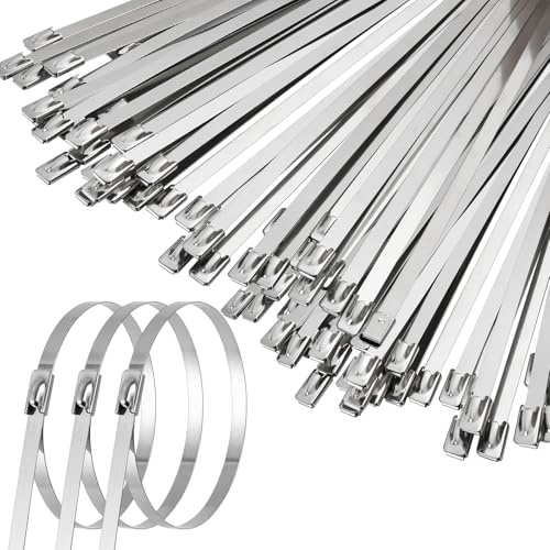 SHOWY SKY 100Pcs Metal Cable Ties 300mm，304 Stainless Steel 270LB Strength | Metal Zip Ties Heavy Duty, Rustproof Self-Locking Industrial Tie Wraps for Exhaust Repair, Outdoor Fence Repair UV resistant
