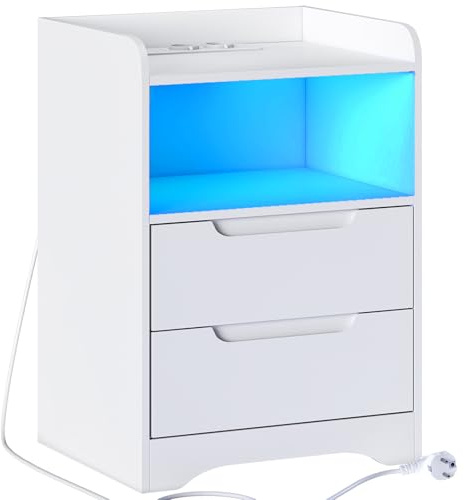 Brinlawb Comodino Camera da Letto con luce LED e Stazione di Ricarica (2 Prese CA, 2 Porte USB) Comodino Tavolino con 1 vano aperto e 2 cassetti per Soggiorno, Studio, Camera da Letto, Moderno, Bianco