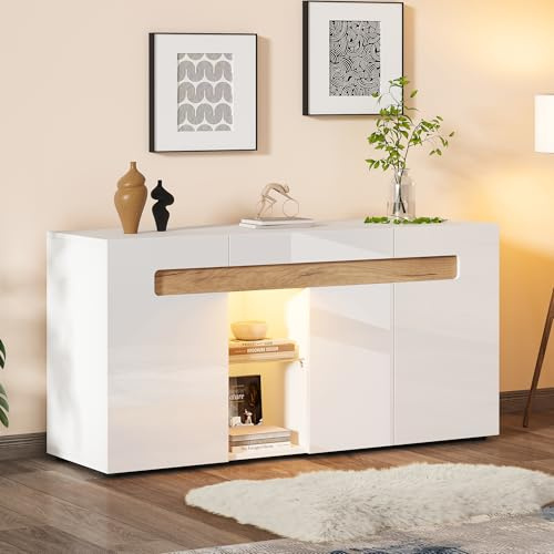 Merax Sideboard mit LED-Beleuchtung, Küchenschrank mit 3 Türen und Offene Glasböden, Modern Hochglanz Buffetschrank Anrichte Schrank, Mehrzweckschrank für Esszimmer, Wohnzimmer, Küche, Wohnmöbel, Weiß