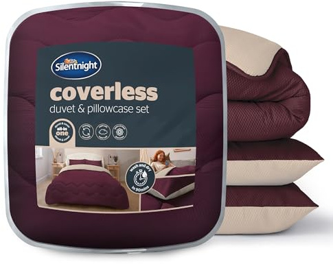 Silentnight Coverless Seersucker Duvet & Pillowcase Set - Soft Stylish 10.5 Tog Two Reversible Colours Bed Quilt - All Year Round Comfort No Cover Needed - Machine Washable, Berry & Cream, Double