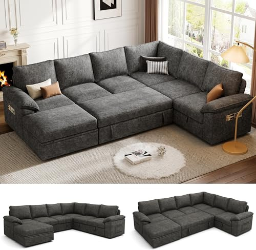 Howjoe Ecksofa Schlafsofa, 7-Sitzer U-Form mit Ausziehbarer Schlaffunktion, Modulares Sofa mit Bettkasten-Stauraum, Modernes Stoff-Schaum-Couch für Wohnzimmer, Maße 276 x 220 x 91 cm, Dunkelgrau