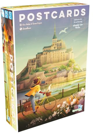 Postcards - Charmant Jeu Familial avec Vélos, Cartes Postales & Timbres - Set Collection & Voyage Aventures à Travers la France - Inclut Mini Extension - Allemand - ELZNIR Games