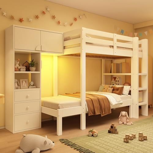 TOBIDOEN Etagenbett 90x200 cm für Kinder und Jugendliche, Versetzte Bauweise, Kombinierter Schrank und Regal, Viel Stauraum in Schubladen, Sicherheitsleiter und Absturzsicherung, Massivholz, Weiß