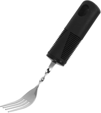 HONITANO Fourchette Adaptative Inclinée en Acier Inoxydable Manche Noir Antidérapant Pliable Ustensile pour Tremblements Aide la Rééducation Usage Quotidien pour Personnes Âgées et Handicapées