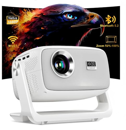 Proyector 1080P, Proyector Portatil Soporte Enfoque Automático y Rotación 180°, Projector Inteligente WiFi 6 y Bluetooth 5.2, 16000 LúmProyector para Teléfono,TV Stick,PC,PS5,Cine en Casa,Gaming