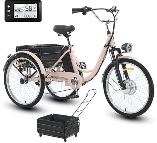 Elektrisches Dreirad Für Erwachsene 24″, 7-Gang-Schaltung, Mit 36V 13AH Akku (35km Reichweite), Maximale Tragfähigkeit Von 150kg, Scheibenbremsen Vorne/ Hinten, Für Tägliche Besorgungen Pink