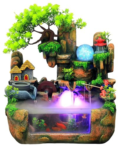Zimmerbrunnen Wasserfall, Tischbrunnen Indoor, Grüne Pflanze Brunnen Zimmerspringbrunnen mit Beleuchtung, Zimmerbrunnen mit Pflanzen für Platzierung Wohnzimmer Schreibtisch(38 * 30 * 20cm)