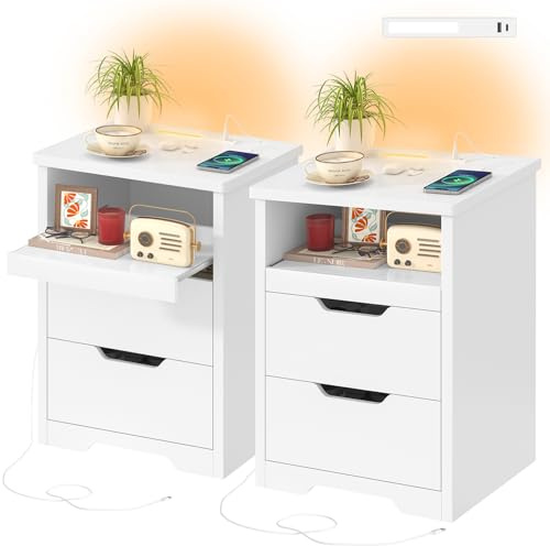 TEENFON Set di 2 Comodini con Camera da Letto con Luci LED 3 Colori, Ricarica Rapida USB/Type-C, Comodino Moderno con Vassoio Estraibile e 2 Cassetti, Bianco