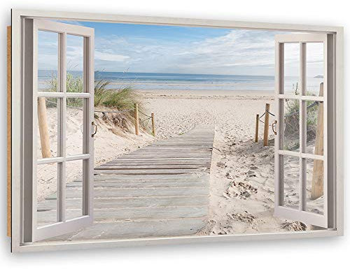 Feeby Impression sur toile Vue de la fenêtre de la plage 3D 90x60 cm 1 pièce Tableaux Image Photo Moderne Décoration Murale Artistique Photographie Design Cuisine Salon Chambre à coucher Beige