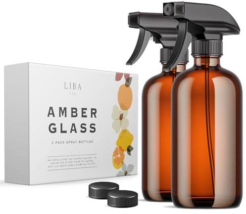 LiBa Amber Glass Spray Bottles 2 Pack, 16 oz Refillable Empty Spray Bottle for Cleaning, Essential Oils, Hair, Plants, Adjustable Nozzle for Squirt and Mist, Bleach/Vinegar/Rubbing Alcohol Safe