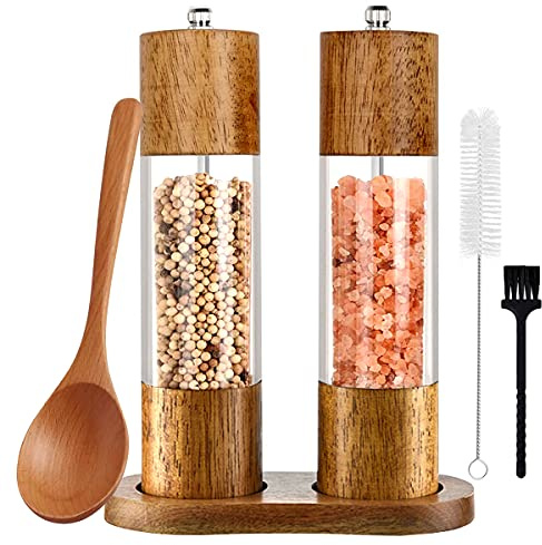 Salz und Pfeffermühle 2er Set mit Untersetzer Gewürzmühle Manuell Pfeffermühle Holz Salzmühle Verstellbarem Keramikmahlwerk für Gewürze Pfeffer Salz Höhe: 21,5 cm
