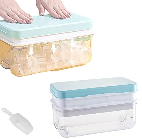 Ninyoon 1 second Release Ice Cube Tray with Lid and Bin, 2 Tier ice molds Make 64 Ice Cubes Big Capacity Bin for Freezer Including Ice Scoop (Blue)