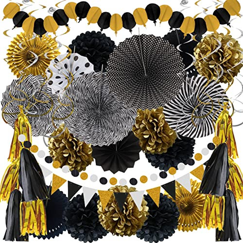 ZERODECO Party Deko Set, 41 Stück Schwarz Gold Dekoration Papier Pompoms Girlande für Geburtstag, Abschlussfeier, Ruhestand, Graduierung, Karneval, Fasching