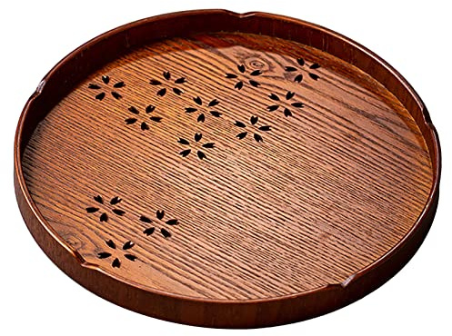Buachois Holz Rundes Teetablett, Ø 27 cm Serviertablett, Grünem Tee Sakura Servierplatte Braun Servierteller Rutschfest Teller und Frühstücksgeschirr Teetablett für Gerichten Teller Dekoration Dessert