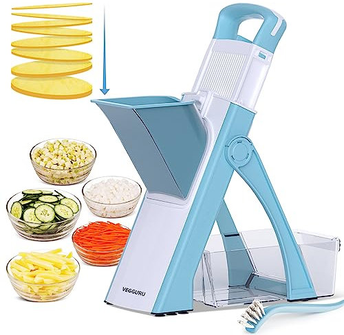 VEGGURU Safer - Picador de verduras, mandolina de grosor ajustable, cortador de cebolla, cortador de patatas, cortador de tomate, cortador de frutas y alimentos multifuncional