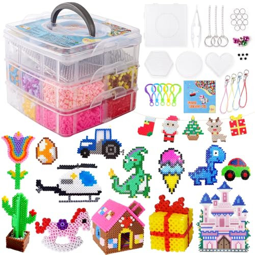 TGTT Bügelperlen Set, 10000 Stück Steckperlen mit Aufbewahrungsbox, Bügelperlen Platten, Benutzerführung, DIY Gestalten von Schmuck, Deko, Verzierungen und 3d Kinder Geschenk Bastelideen, farbig