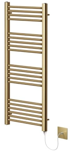 Greened House Brushed Brass Electric Heated Towel Rail 400mm W x 1200mm H | Flat, Bathroom Radiator, Towel Warmer, Straight