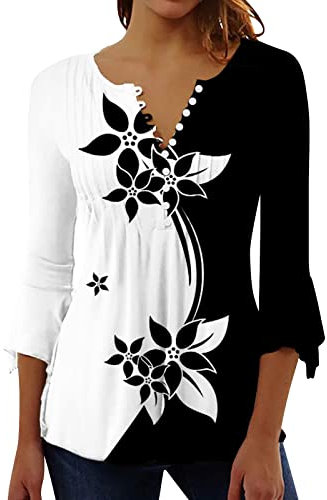 Womens 3/4 Sleeve Tops 2023 Pleated Front Ladies Chiffon Tops V Neck Swing T-Shirts Summer Tunic Blouse UK Sale Clearance Floral Tee Shirts