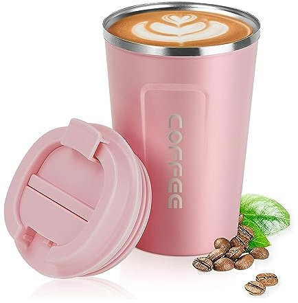 ERBO Kaffeebecher to go, Thermobecher Edelsthal, Auslaufsicher Kaffeetasse Kaffeebecher mit Deckel, Kaffeetasse Thermobecher für Unterwegs Umweltfreundlich, Rosa 380ml