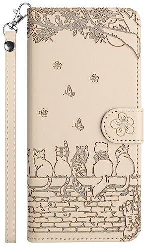 Aisenth Flip Wallet Case for iPhone 13 Leather Folio Cover With Card Holder | Cat and Butterfly,Magnetic,PU Leather+TPU inner case,Kickstand,Card Slots+Cash Pocket+Wrist Strap,Protective,Beige