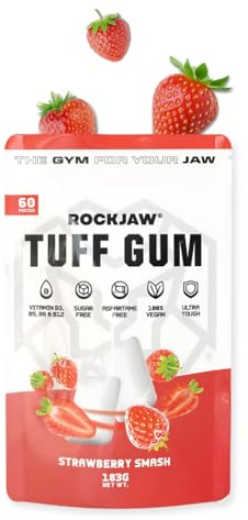 ROCKJAW® Gomma dura della mascella – Tuff Gum 2.0 con complejo de vitaminas del grupo B – 100% xilitol, sin aspartamo, sin azúcar (suministro de 2 meses) – Strawberry Smash (sin estímulos)