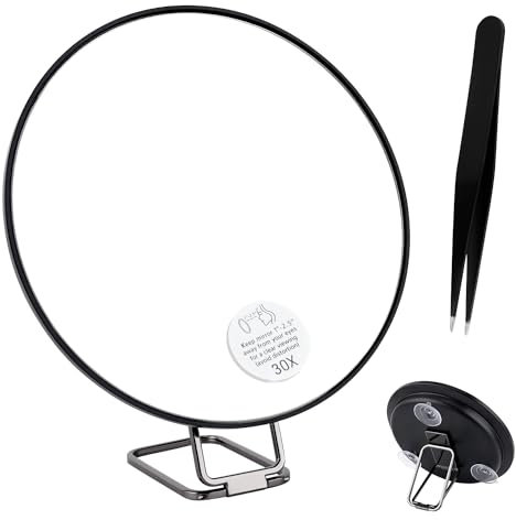 30 Facher Vergrößerungsspiegel, 15,2cm Schminkspiegel mit Saugnapf und Spitzer Pinzette Verstellbarer Ständer Gesichtsspiegel Kleiner Spiegel für Make Up (Schwarz)