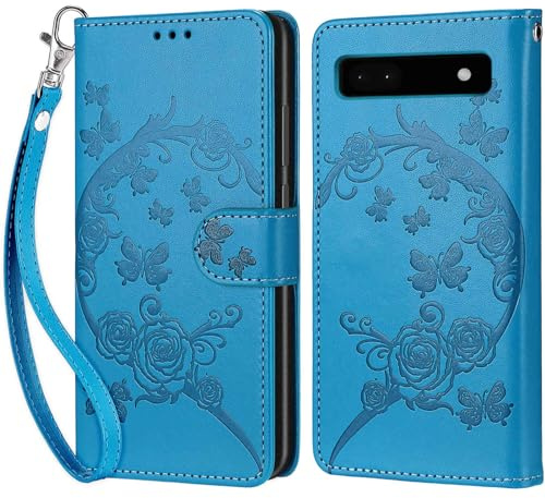 Handyhülle für Google Pixel 6A Hülle, Blau | PU Leder Flip, Klappbar, Stoßfest, Magnetisch, Standfunktion, Kartenfächer, Retro Design, Handgelenkband