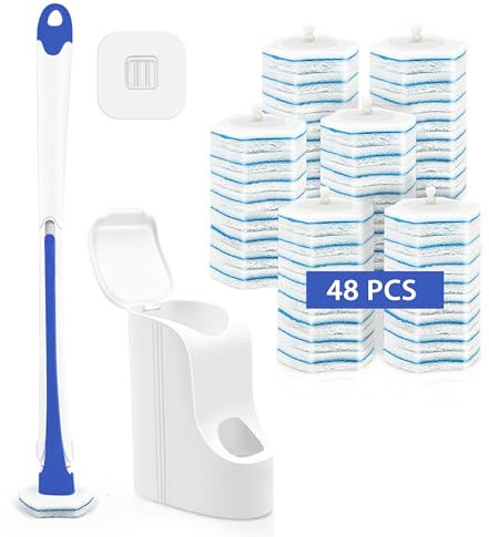 JEHONN Einweg Toilettenbürste, Klobürste mit 48 Stück Reiniger Nachfüllungen Schwamm, WC Bürste Reinigungsmittel für Waschbecken Badewanne Waschbecken Mop Pool (Blau)