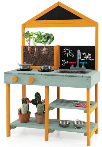 GOPLUS Juego de Cocina de Barro para niños de Madera para Exterior con 2 pizarras, macetero Transparente, Grifo Giratorio, Fregadero extraíble, 2 estantes Inferiores, Utensilios de Cocina