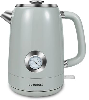 BOJURGLE Wasserkocher Edelstahl 1,7 Liter 2200W, Vintage-Design mit Temperaturanzeige, 360° Gerätefuß, Trockengehschutz, Automatische Abschaltung, Retro Vintage Grau