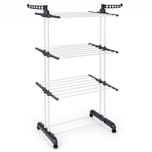 T-LOVENDO.ES Tendedero Vertical Plegable De Alta Capacidad de Ropa - 4 Niveles con Barras de Acero Inoxidable con Dos Alas Laterales Amplio Espacio para Secar. Ruedas Incluidas. Gris.