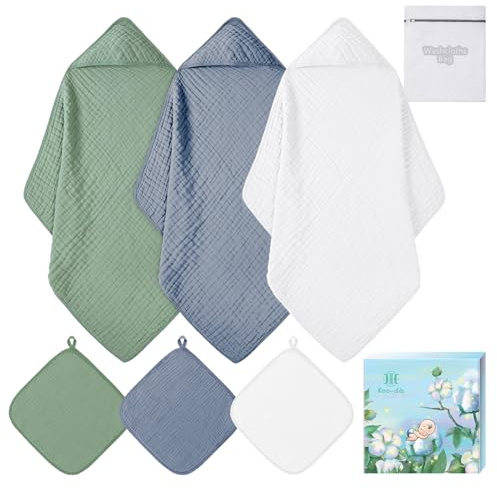 Koo-dib Set Aus Kapuzenhandtuch Baby Handtuch Mit Kapuze, Decke Und Badetuch Neugeborene MäDchen & Jungen, Erstausstattung HandtüCher (Blau & grün & weiß)