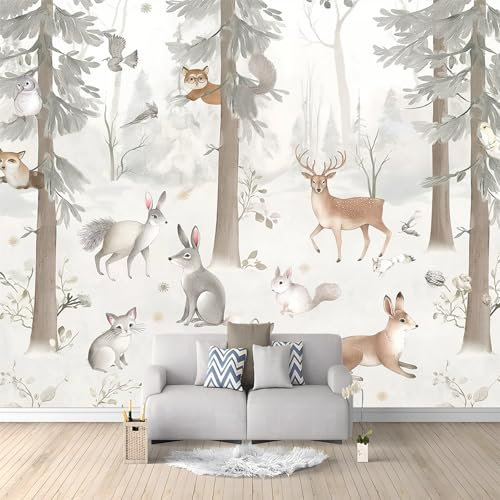 Carta da Parati Fotografica Cartone Animato Animali Della Foresta Coniglio Colore Chiaro Design per Pareti Camera - Fotomurale Tessuto Non Tessuto Colla Non Inclusa 200x140 cm