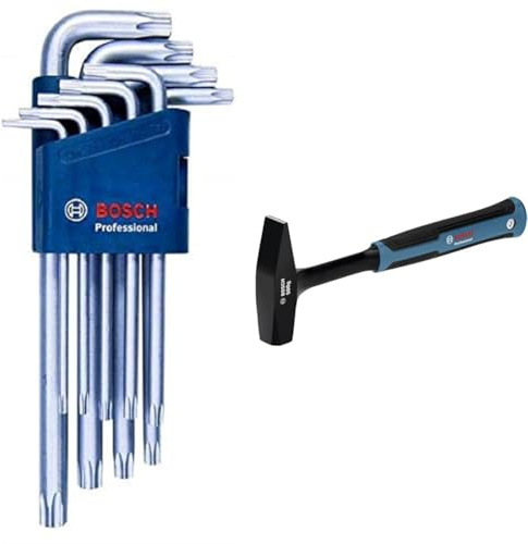 Bosch Professional Winkelschlüssel Set Torx 9tlg. + Schlosserhammer (DIN 1041 geprüft)