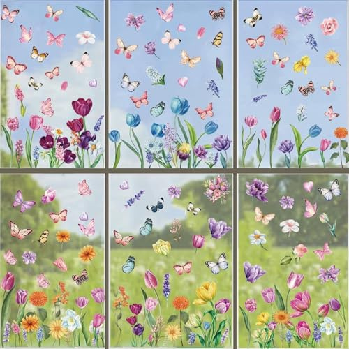 Fensteraufkleber,Fensterdeko Blumen,Fensterbilder Frühling Sommer für Glas Kinderzimmer Badezimmer