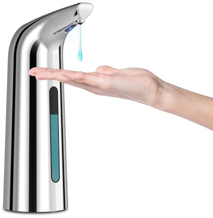 HMJIA Distributeur Savon Automatique 4 Niveaux Réglables Distributeur Savon Electrique avec Capteur IPX6 Distributeur de Savon Etanche pour Cuisine et Salle de Bain Hôtel Restaurant (400ml - Argent)