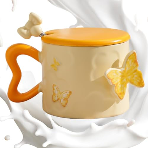 Mimoqk Butterfly Coffee Taza, Taza de cerámica elegante, 12 oz con mango, Spill Resistant Lid, Aesthetic Drinkware For Women, Girlfriend, Mother's Day Rewards, té o café