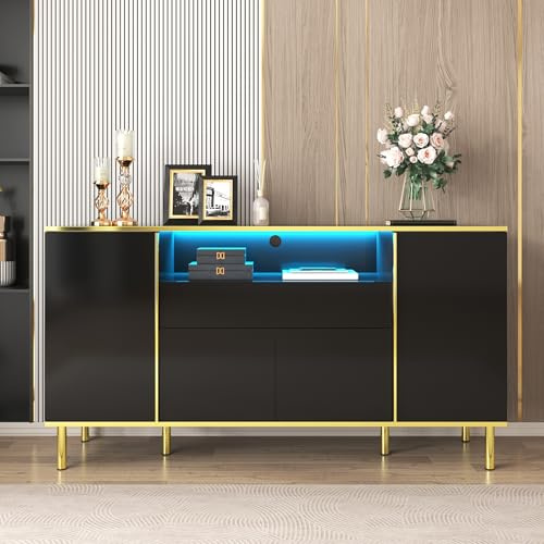Kebnor Sideboard, hochglänzende Kommode mit 1 Schublade, Kommode, Schlafzimmerkommode, hochglänzendes Sideboard 150 x 40 x 80 cm (schwarz)
