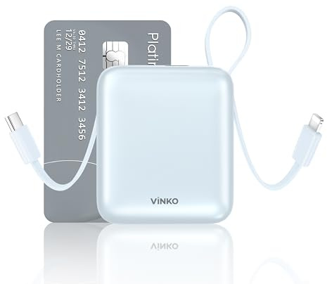 VINKO Power Bank 10000mAh, Mini Bateria Externa Carga Rapida con 2 Cables, PD 22,5W, Bateria Portatil Pequeña, Cargador Portátil movil USB C Compatible con iPhone 17 16 15 Serie Samsung Android (Azul)
