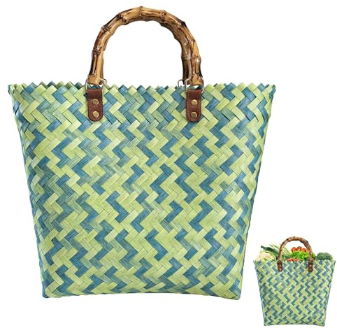 Einkaufskorb Geflochten aus Kunststoff, Strandtasche Stroh Groß, Korbtasche Handtasche, Strohtasche, Vintage Basttaschen Damen Sommer, Wasserdicht Einkaufstasche Geflochtene Tasche (Grün)