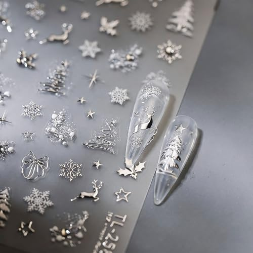 RUISPEED Adesivi Unghie Natalizi Argento – Adesivi per Unghie in Rilievo 5D con Strass, Motivazioni come Fiocchi di Neve & Albero di Natale, Nail Art con Renne per Donne, Accessori Manicure