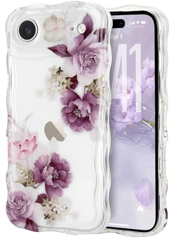 Micoden Cute Curly Wave Case for iPhone Air,Clear with Anti-Yellowing Flower Floral,Soft TPU Slim Bumper Shockproof Anti-Scratch Protective Wavy Cover for Girls Women-Purple