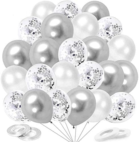 Luftballons Silber Weiß,60 Stück Silber Konfetti Ballons, Silvester Ballon, 12 Zoll Metallic Silberne Ballons für Geburtstag Hochzeit Babyparty Valentinstag Silvester Deko