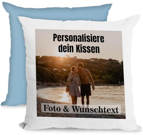 Personalisiertes Kissen 40x40 cm mit Foto & Kissenfüllung – Individuelles Fotokissen mit Bild – Personalisiertes Geschenk für Frauen, Männer & Freundin – Dekokissen & Kuschelkissen, Weiß/Blau