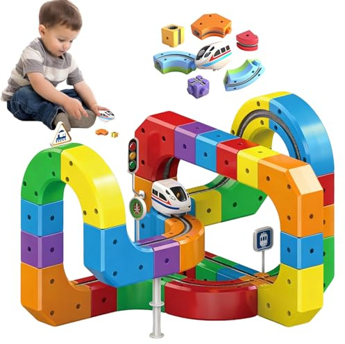 Vulaop Set Treno Elettrico Clickrail con Pista Flessibile – 51/81/118Pz Blocchi Cubici Pista con Layout 3D Antigravità, Blocchi Magnetici & Treno Motorizzato, Giocattolo Regalo per Bambini (51 pz)