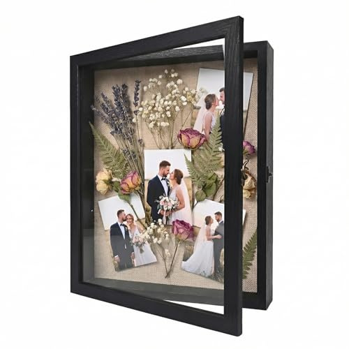TILBLKUP Shadow Box Frame Display Case 11x14 Shadow Box with Linen Back, Real Glass Window Door with Hinge, Picture Frame for Memorabilia Medals Wedding Bouquet Collections, Memory Box for Keepsakes